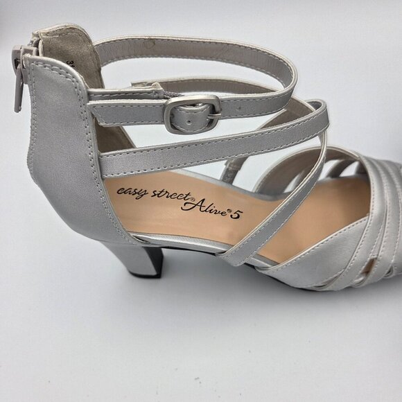 Easy Street 7.5M Silver Satin Open Toed Sandal w/Zipper Back & 3" Heel - Picture 3 of 4